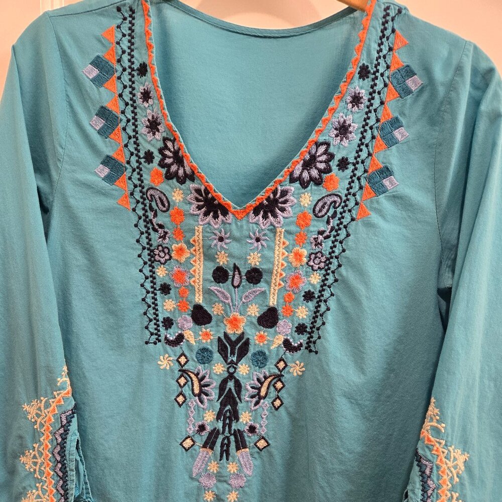 Turquoise Embroidered Boho Chic Blouse